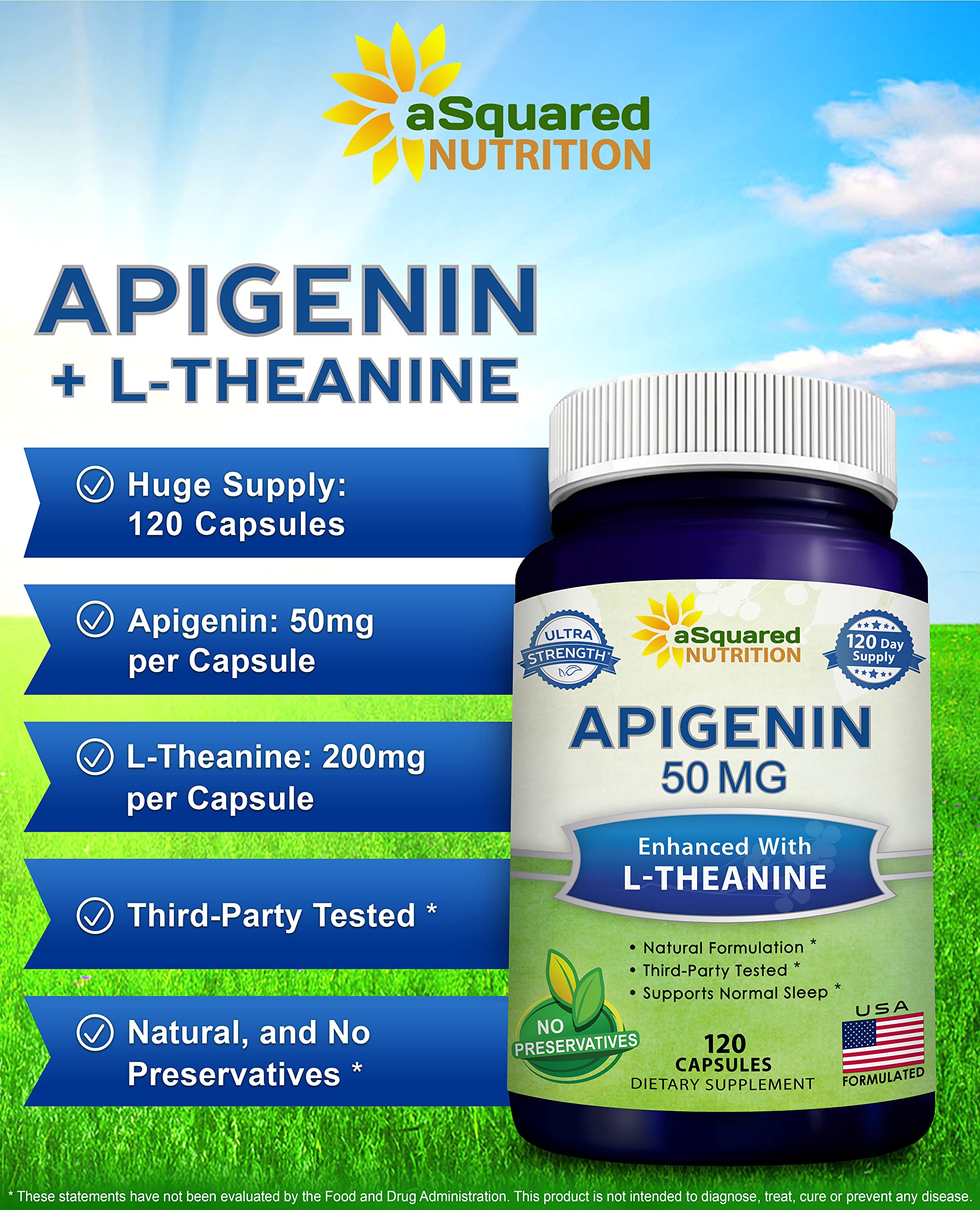 Close-up of Apigenin 50mg and L-Theanine 200mg capsules