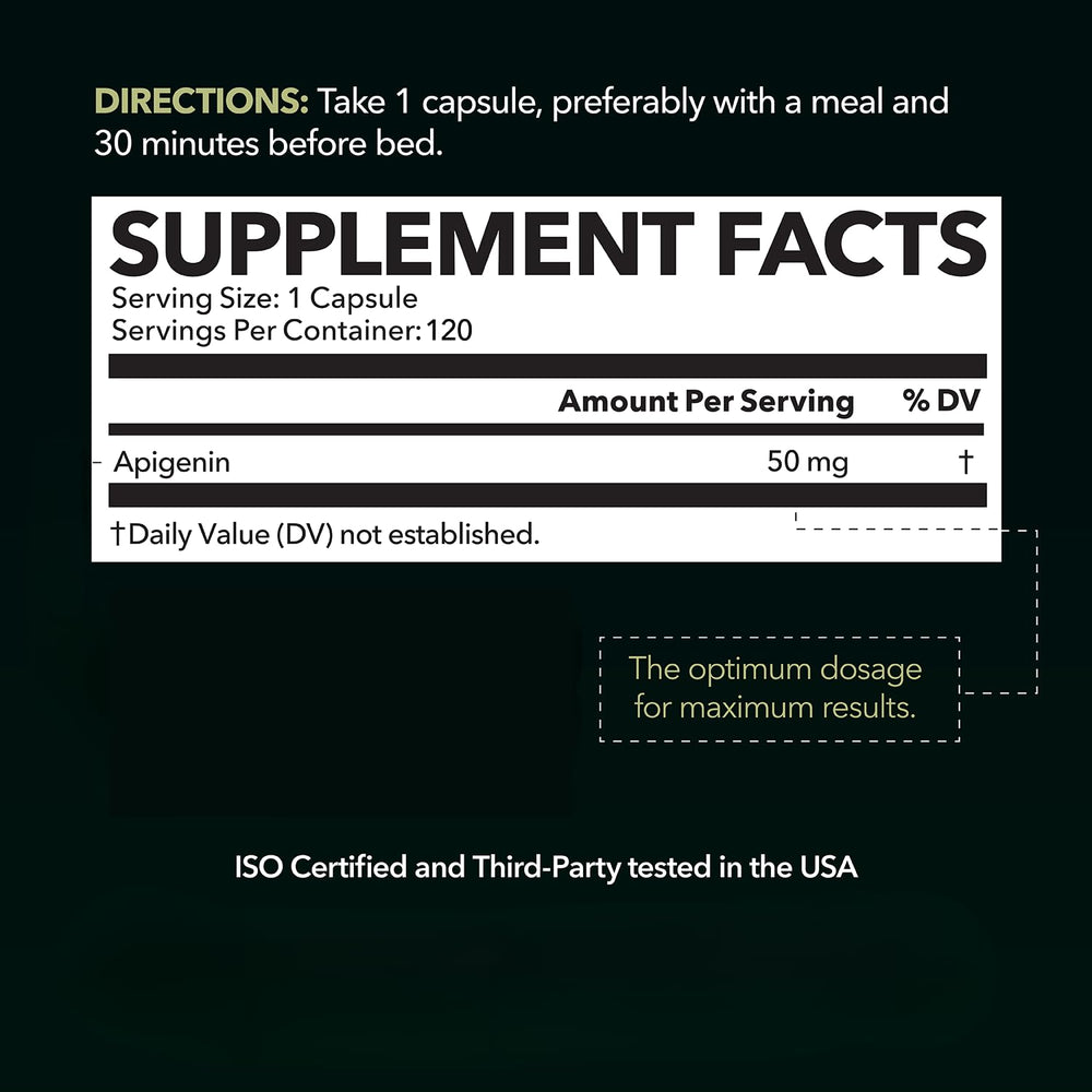Back label on Apigenin Capsules 50mg bottle showing supplement facts