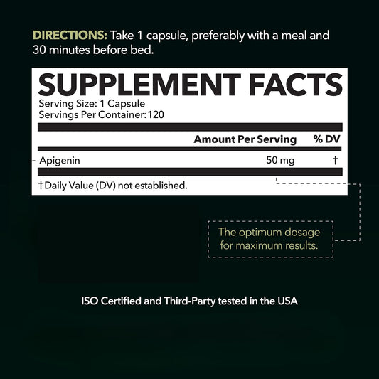 Back label on Apigenin Capsules 50mg bottle showing supplement facts