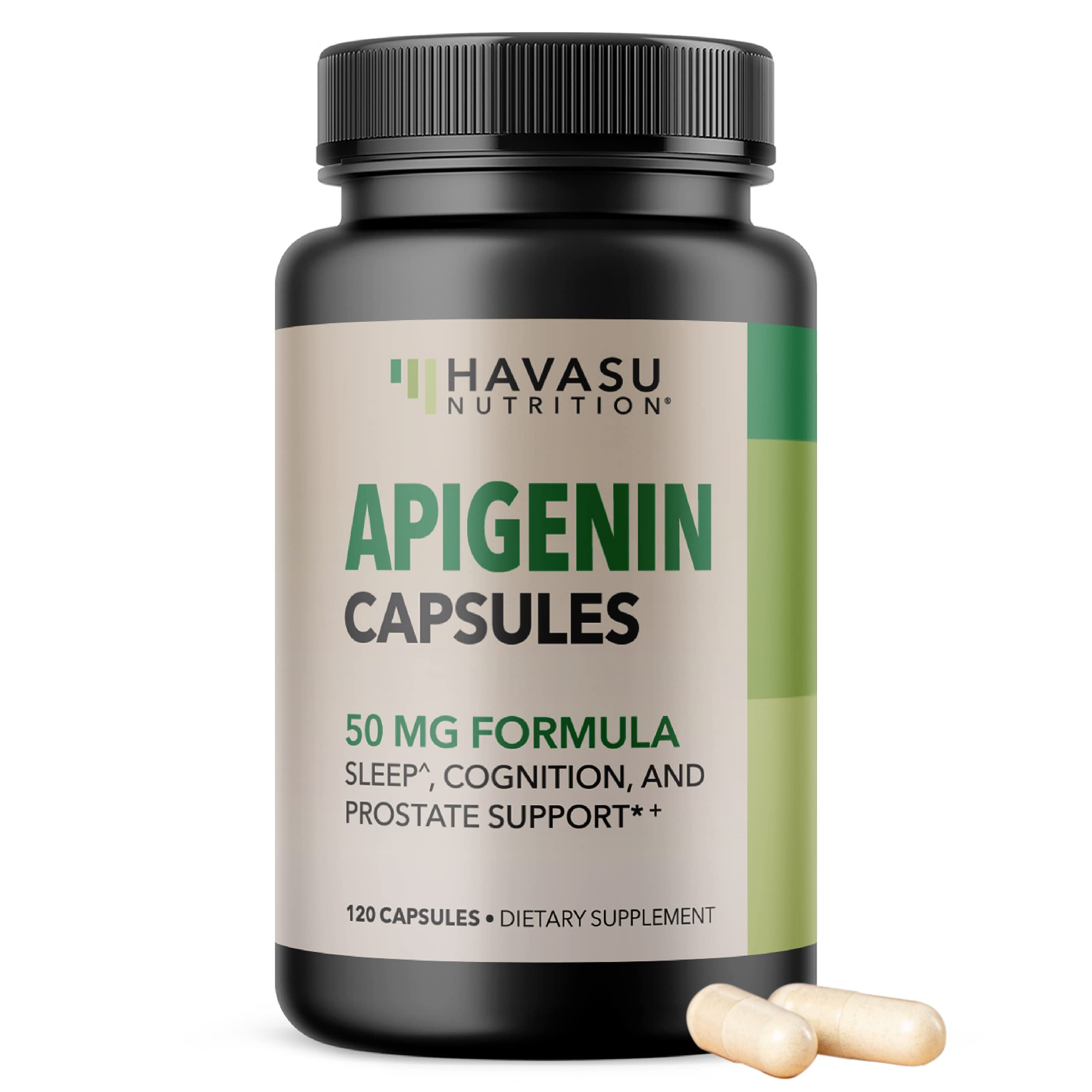 Front view of Apigenin Capsules 50mg bottle with 120-count packaging