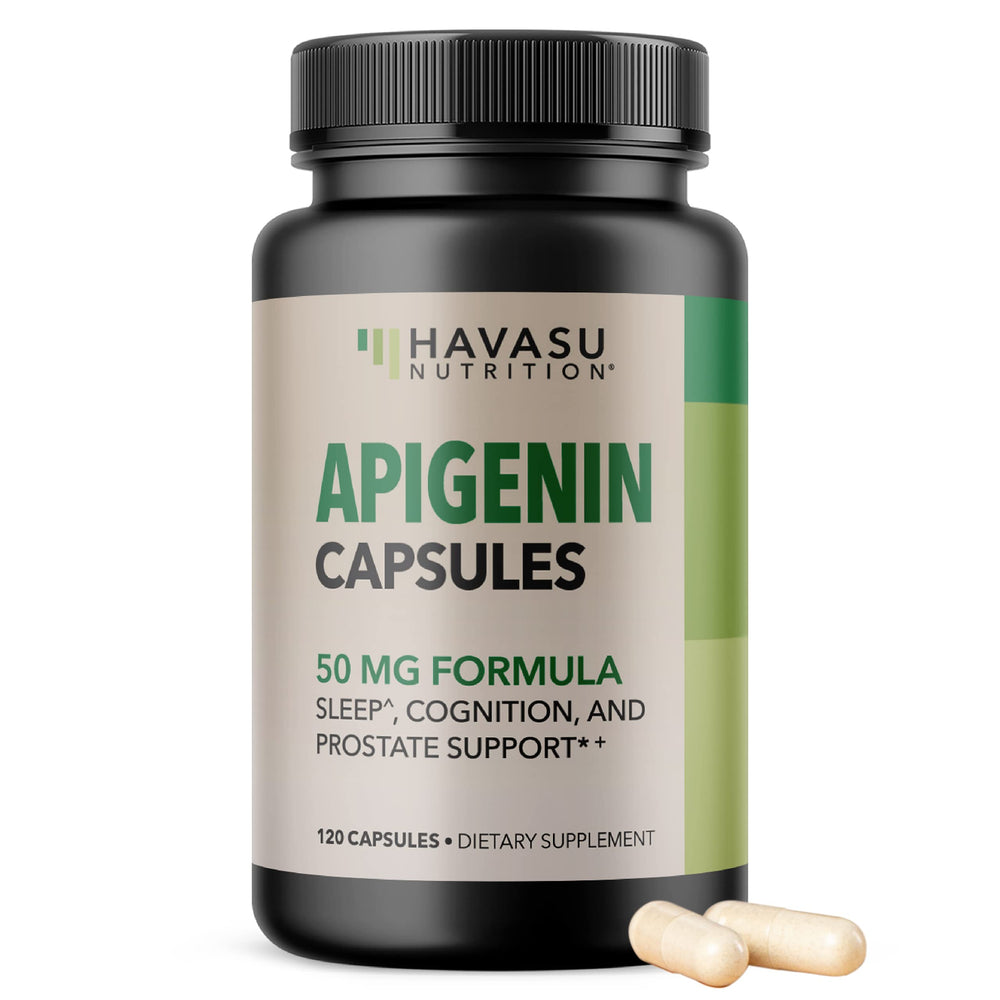 Front view of Apigenin Capsules 50mg bottle with 120-count packaging