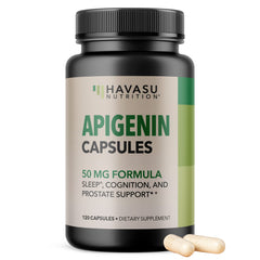 Front view of Apigenin Capsules 50mg bottle with 120-count packaging
