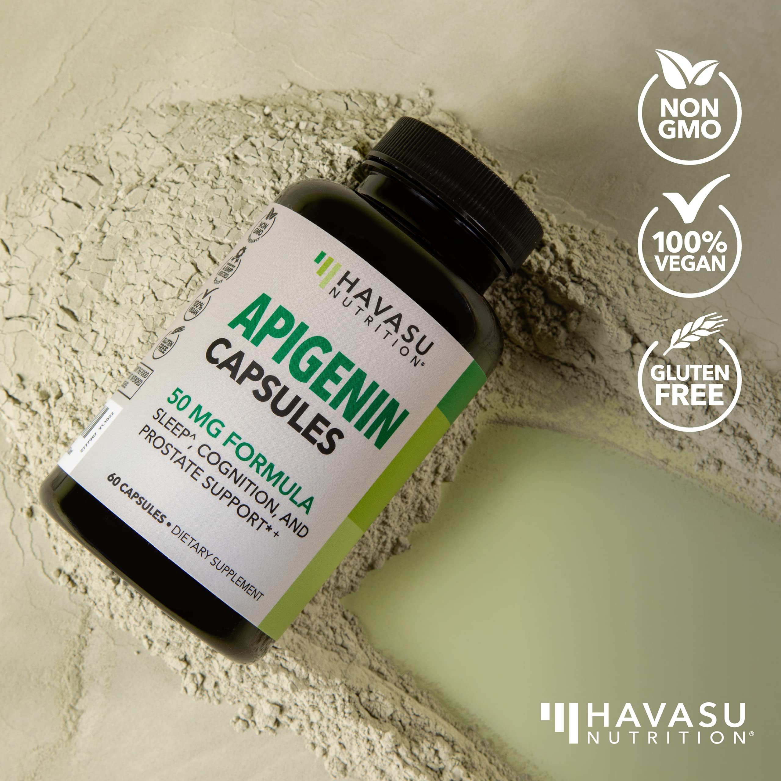 Vegan and Non-GMO certification label on Apigenin capsules packaging