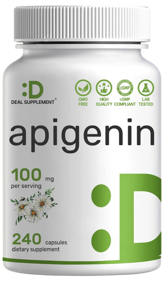 Bottle of Apigenin Chamomile extract 100 mg per serving, 240 capsules