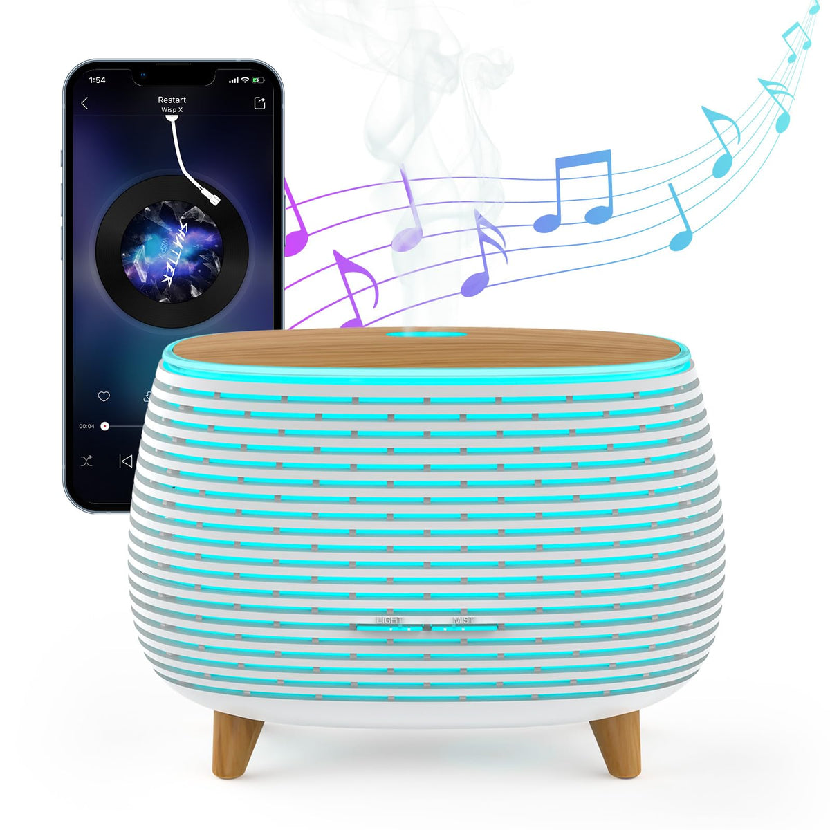 APOMATOT 2-in-1 Bluetooth speaker and essential oil diffuser in white with wooden grain