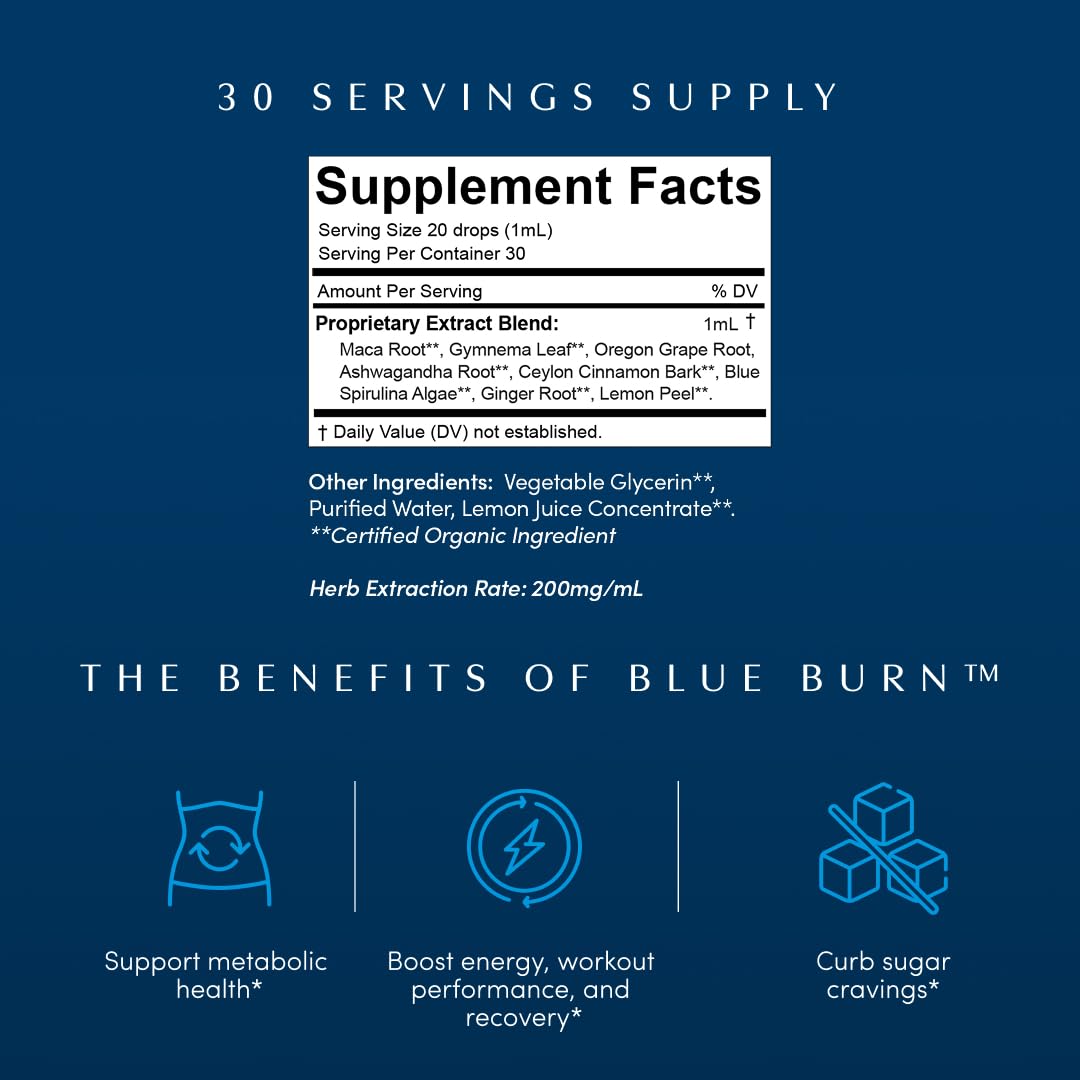 Close-up of Apothékary Blue Burn label highlighting vegan and non-GMO quality