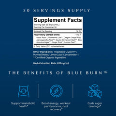Close-up of Apothékary Blue Burn label highlighting vegan and non-GMO quality
