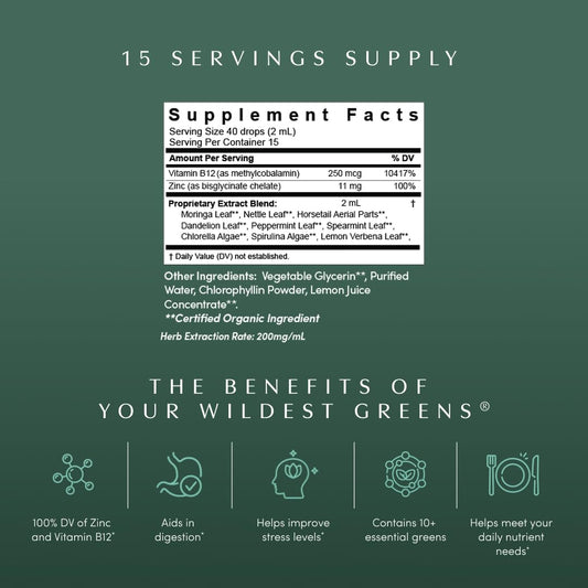 Ingredients: moringa, chlorella, spirulina, nettle leaf, dandelion leaf