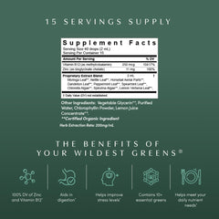 Ingredients: moringa, chlorella, spirulina, nettle leaf, dandelion leaf