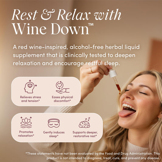 Dropper releasing Wine Down herbal drops into a glass