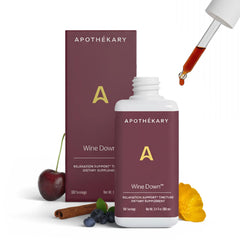 Apothékary Wine Down bottle showing a relaxing nighttime dropper for restful evenings.