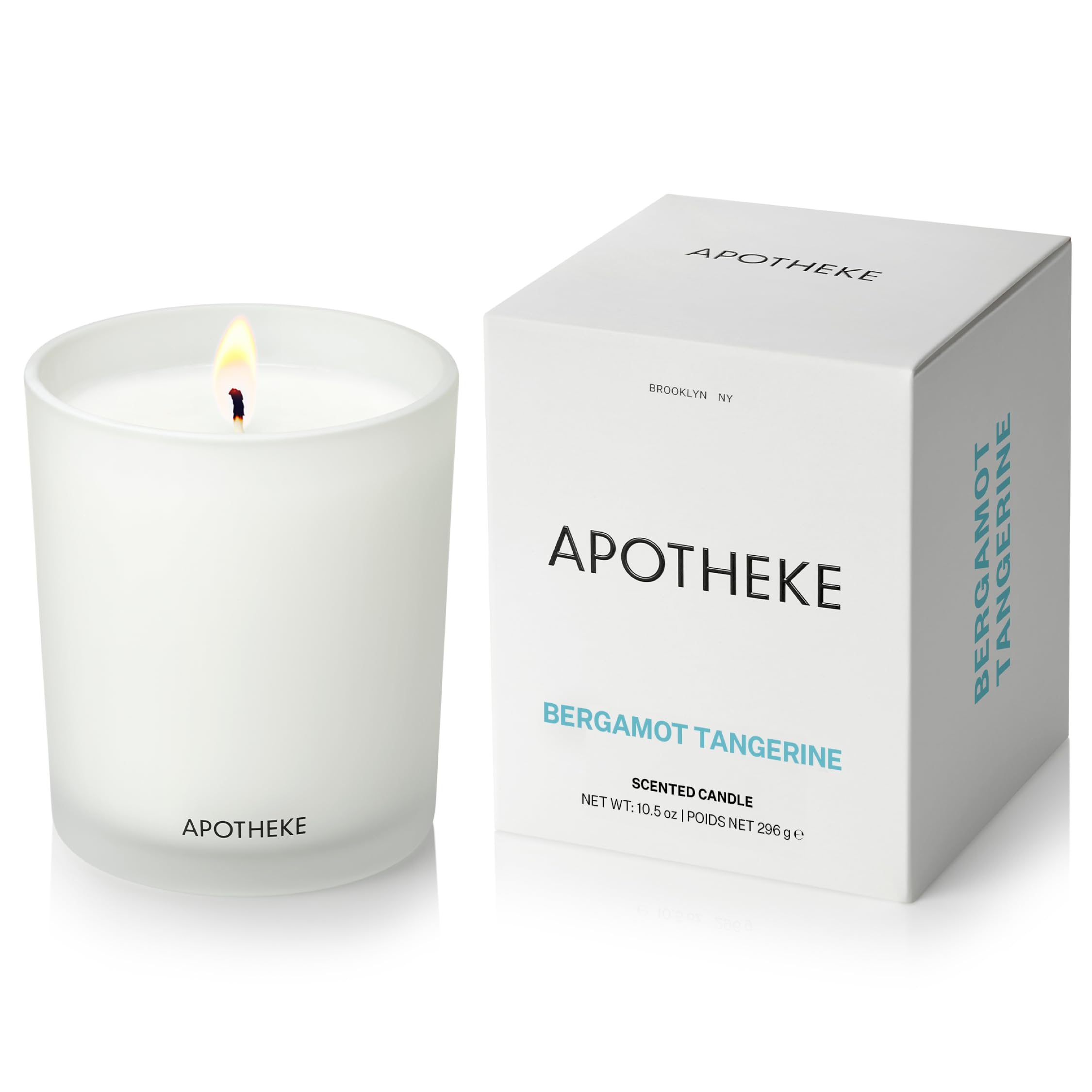 APOTHEKE Bergamot Tangerine 10.5 oz soy wax candle in a white glass jar