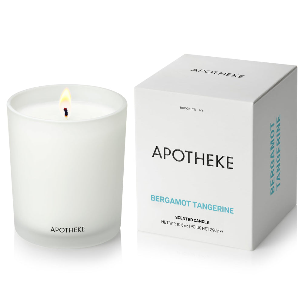 APOTHEKE Bergamot Tangerine 10.5 oz soy wax candle in a white glass jar