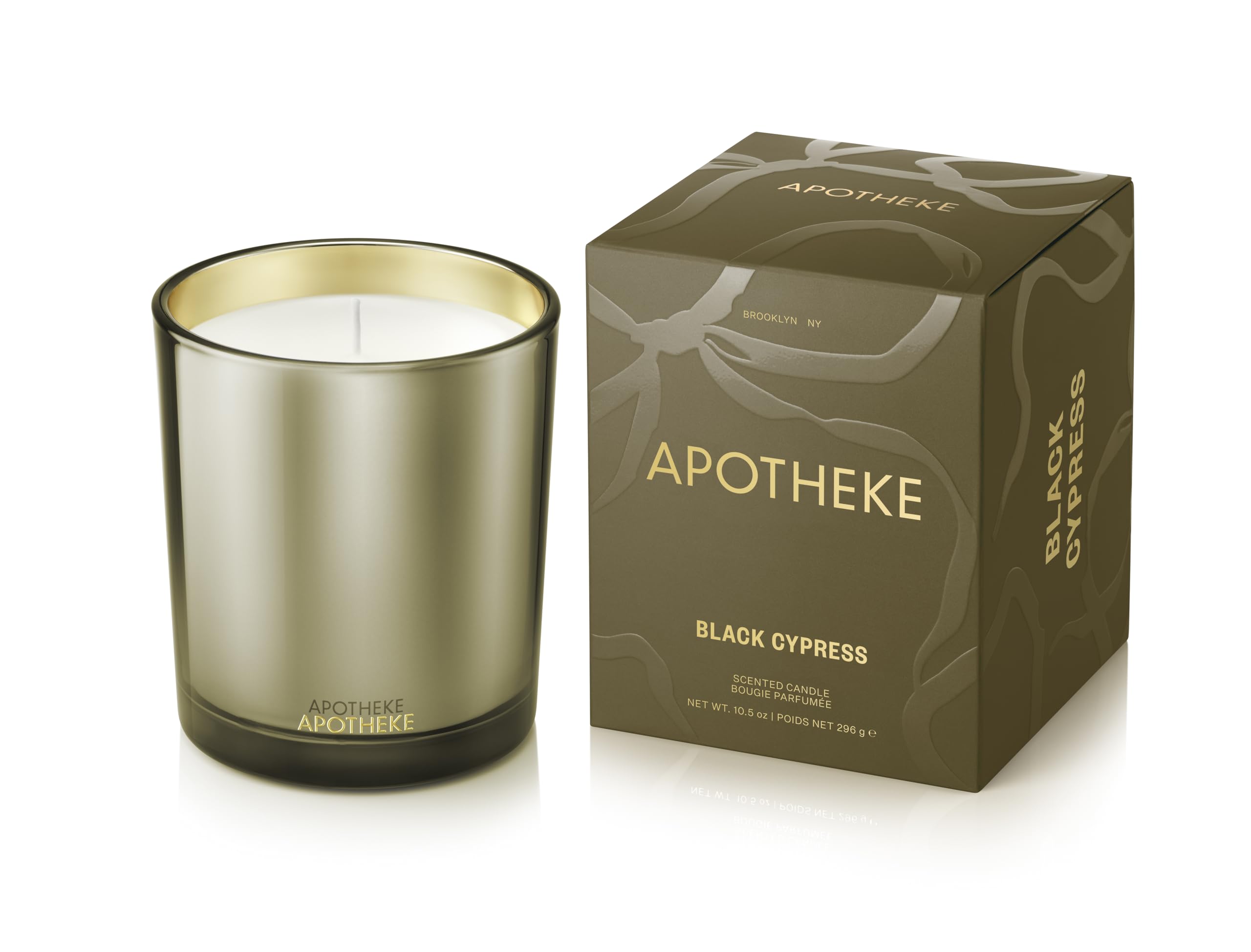 APOTHEKE Black Cypress 10.5 oz soy candle in a large gold jar