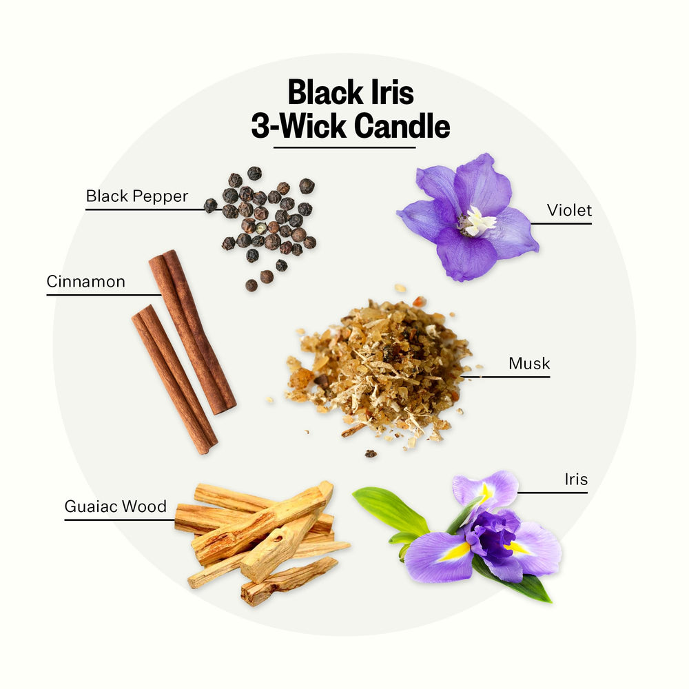 Close-up of Black Iris Oak fragrance notes with pepper, cinnamon, iris and musk