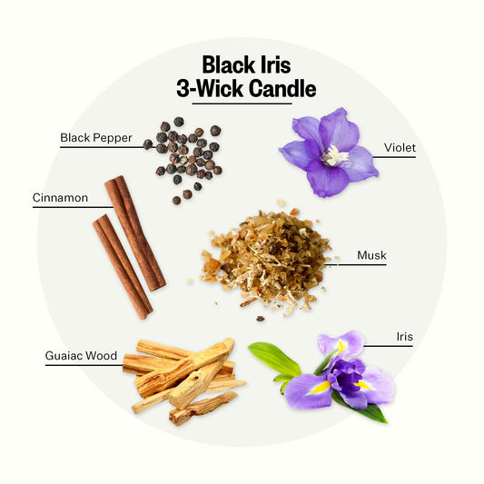 Close-up of Black Iris Oak fragrance notes with pepper, cinnamon, iris and musk