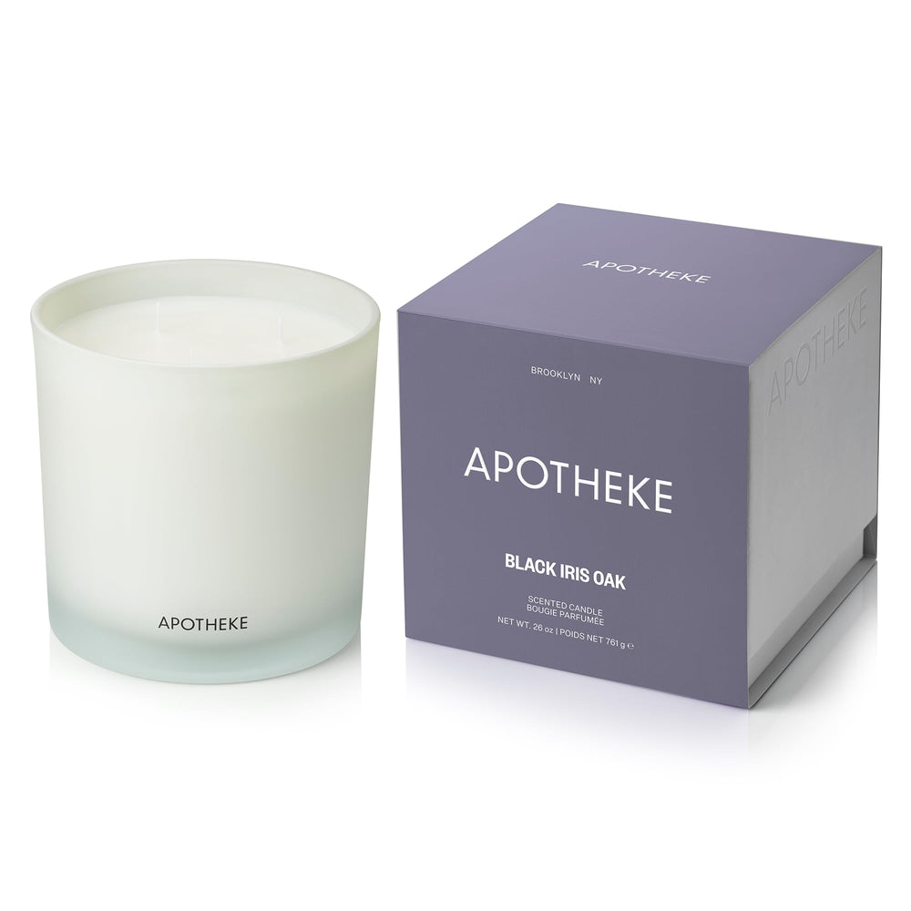 APOTHEKE Black Iris Oak 3-Wick Candle front view in a 26 oz soy wax jar
