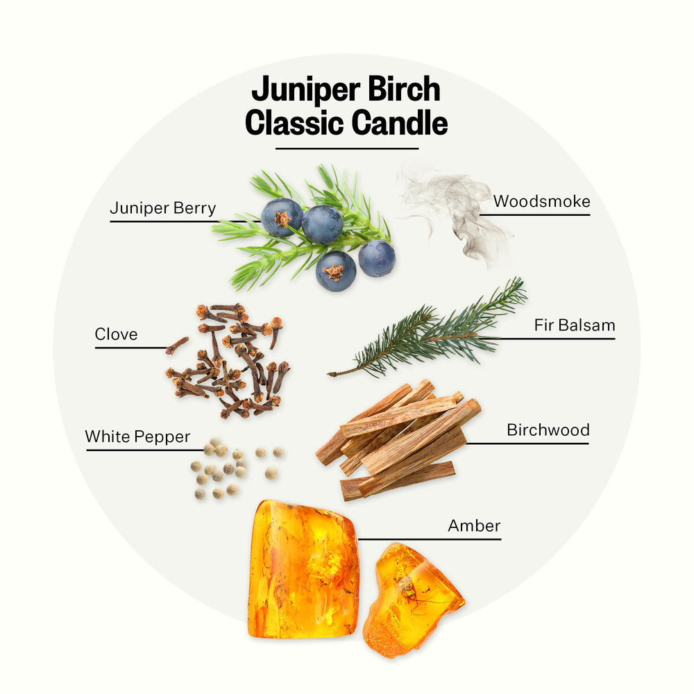 Label close-up of APOTHEKE Juniper Birch candle