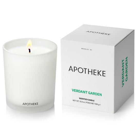 Verdant Garden 10.5 oz soy candle in a white glass jar