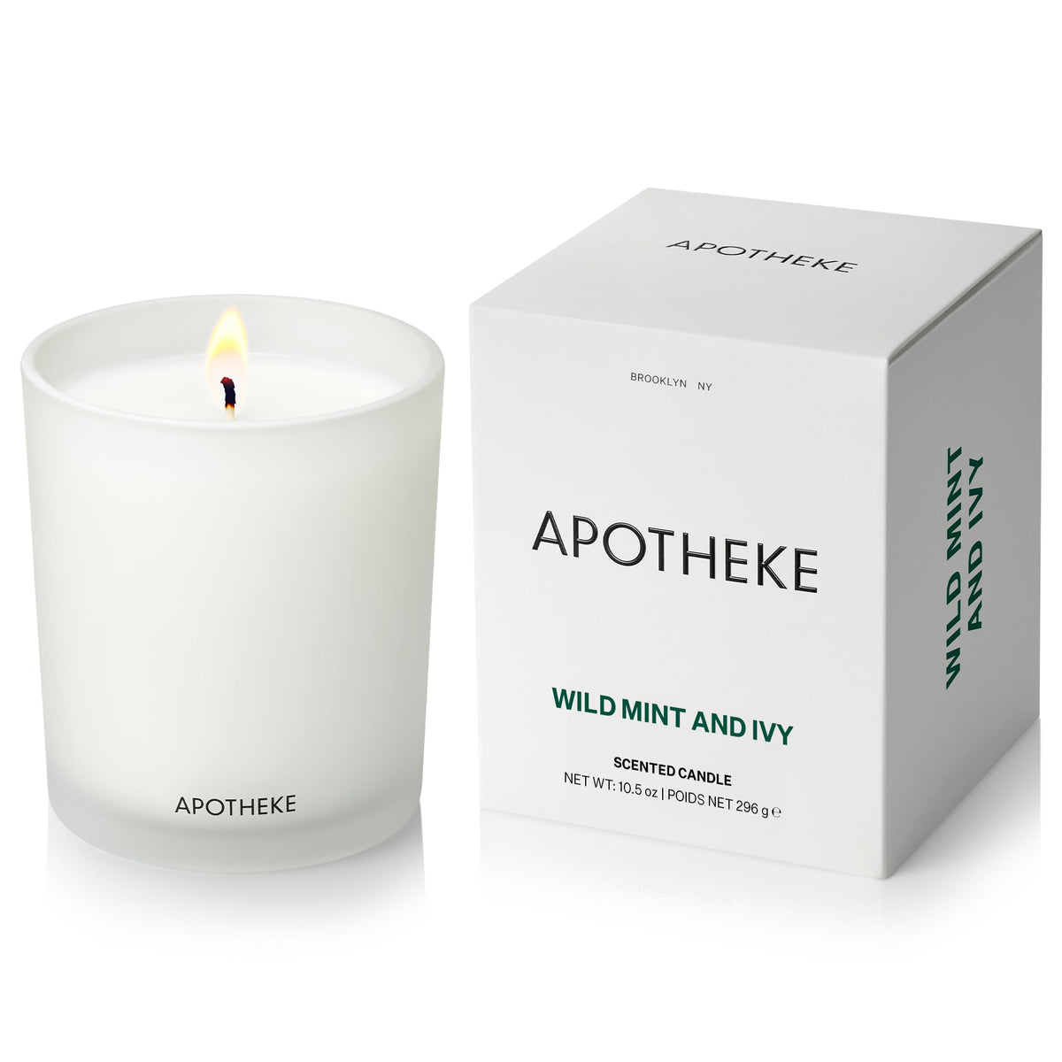 Apotheke Wild Mint & Ivy candle in white glass jar, 10.5 oz