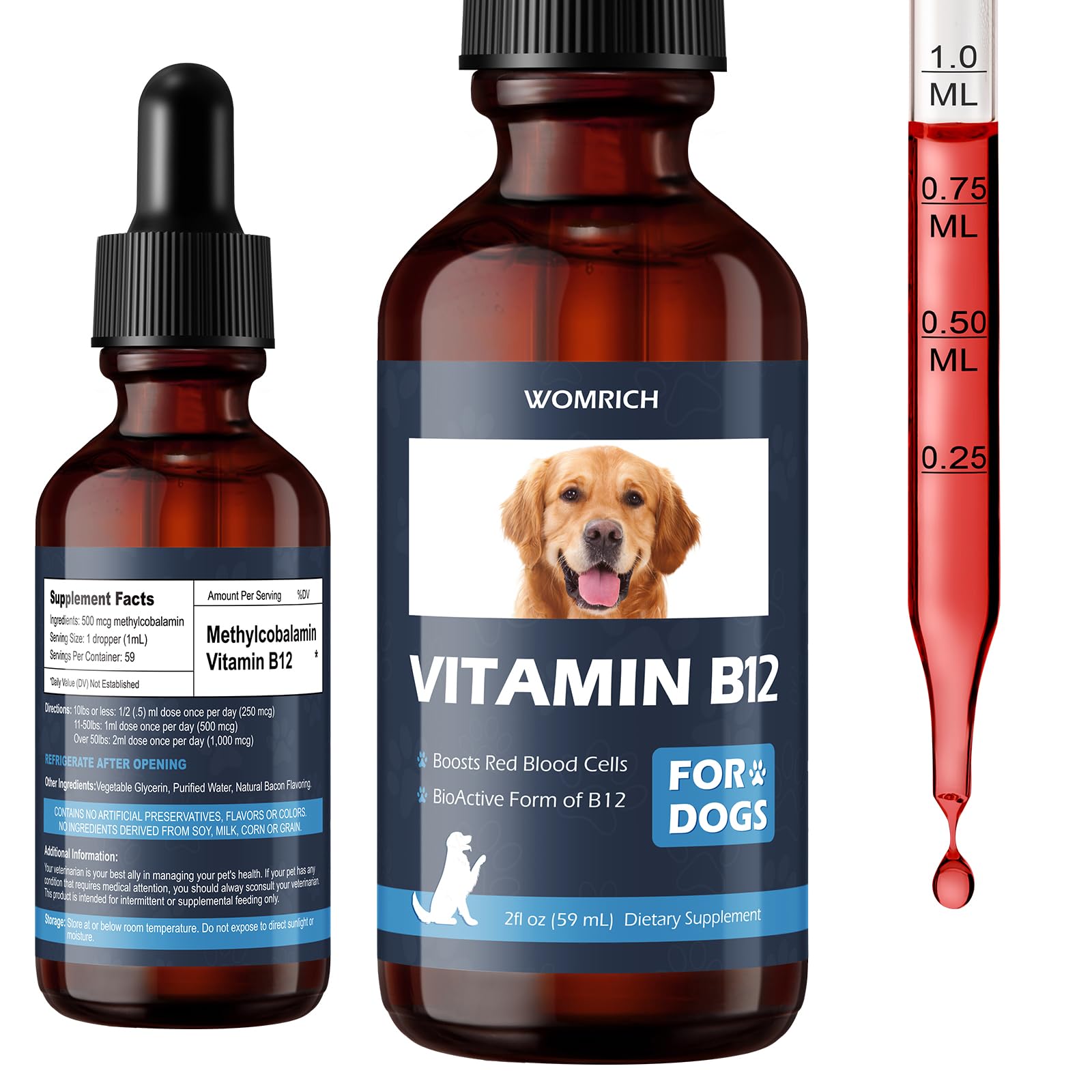 Bottle of appetite-stimulant vitamin B12 for dogs with 2 fl oz label
