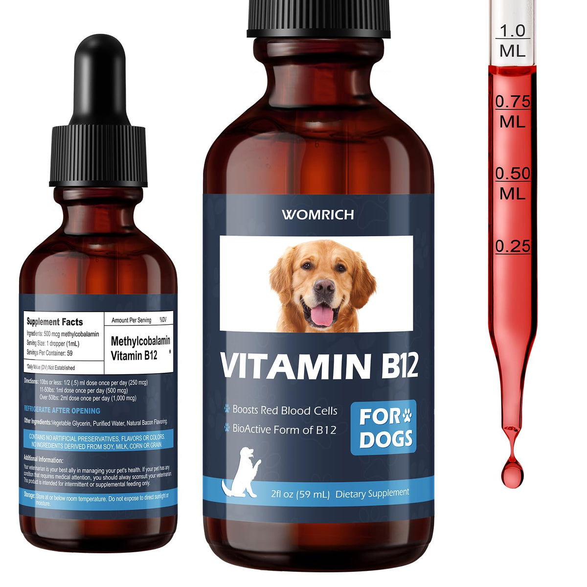 Bottle of appetite-stimulant vitamin B12 for dogs with 2 fl oz label
