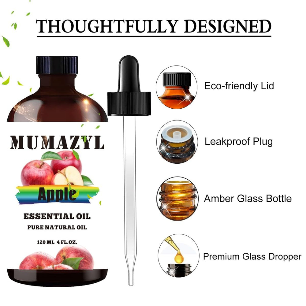 Close-up of 4 oz (120 ml) Apple essential oil bottle with glass dropper