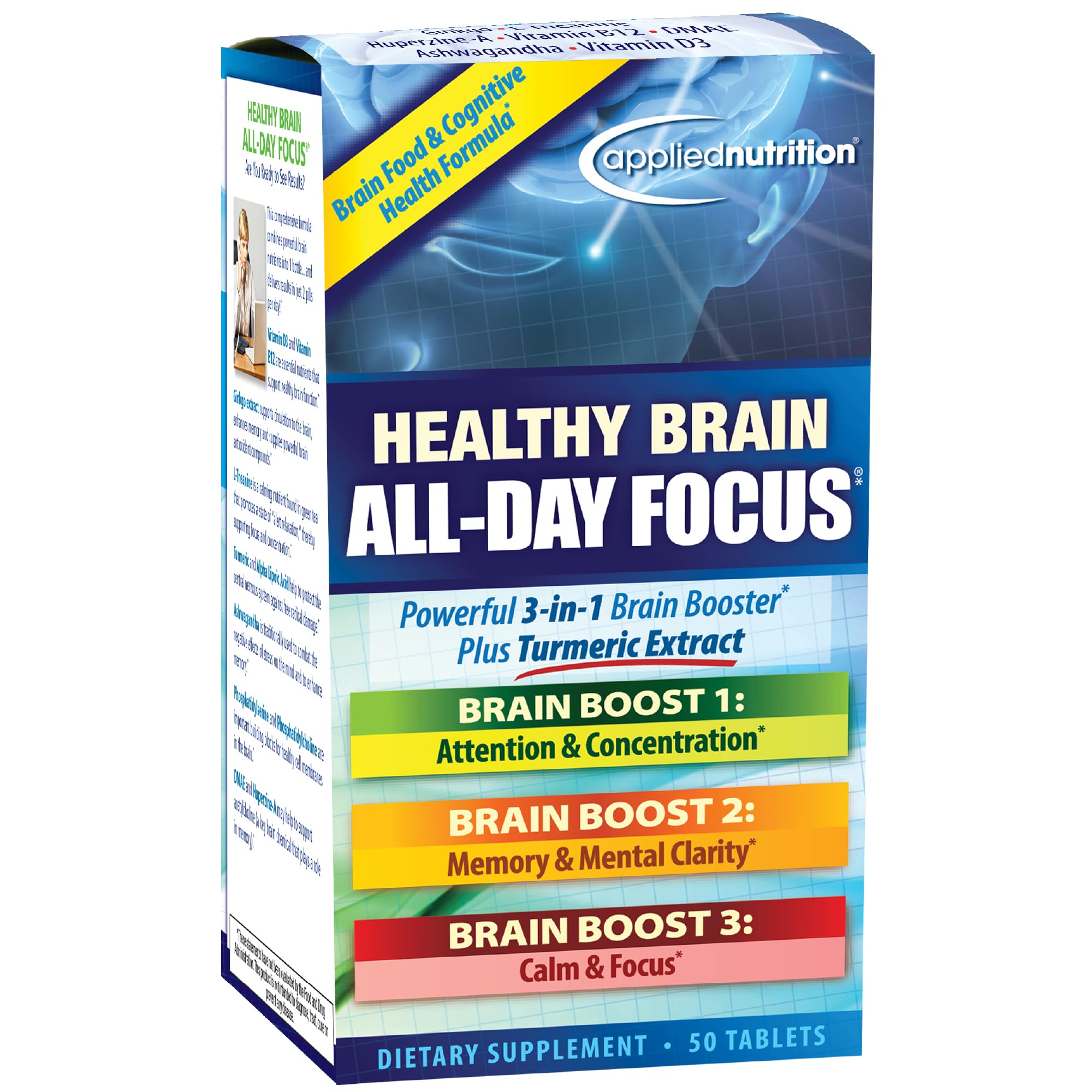 Bottle of Applied Nutrition Healthy Brain All-Day Focus 50 tablets