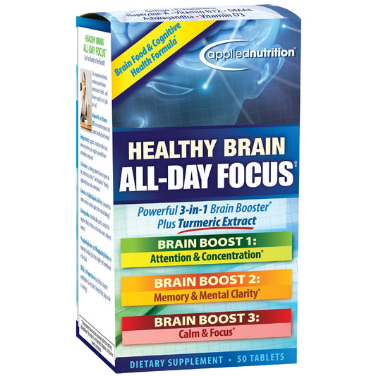 Bottle of Applied Nutrition Healthy Brain All-Day Focus 50 tablets