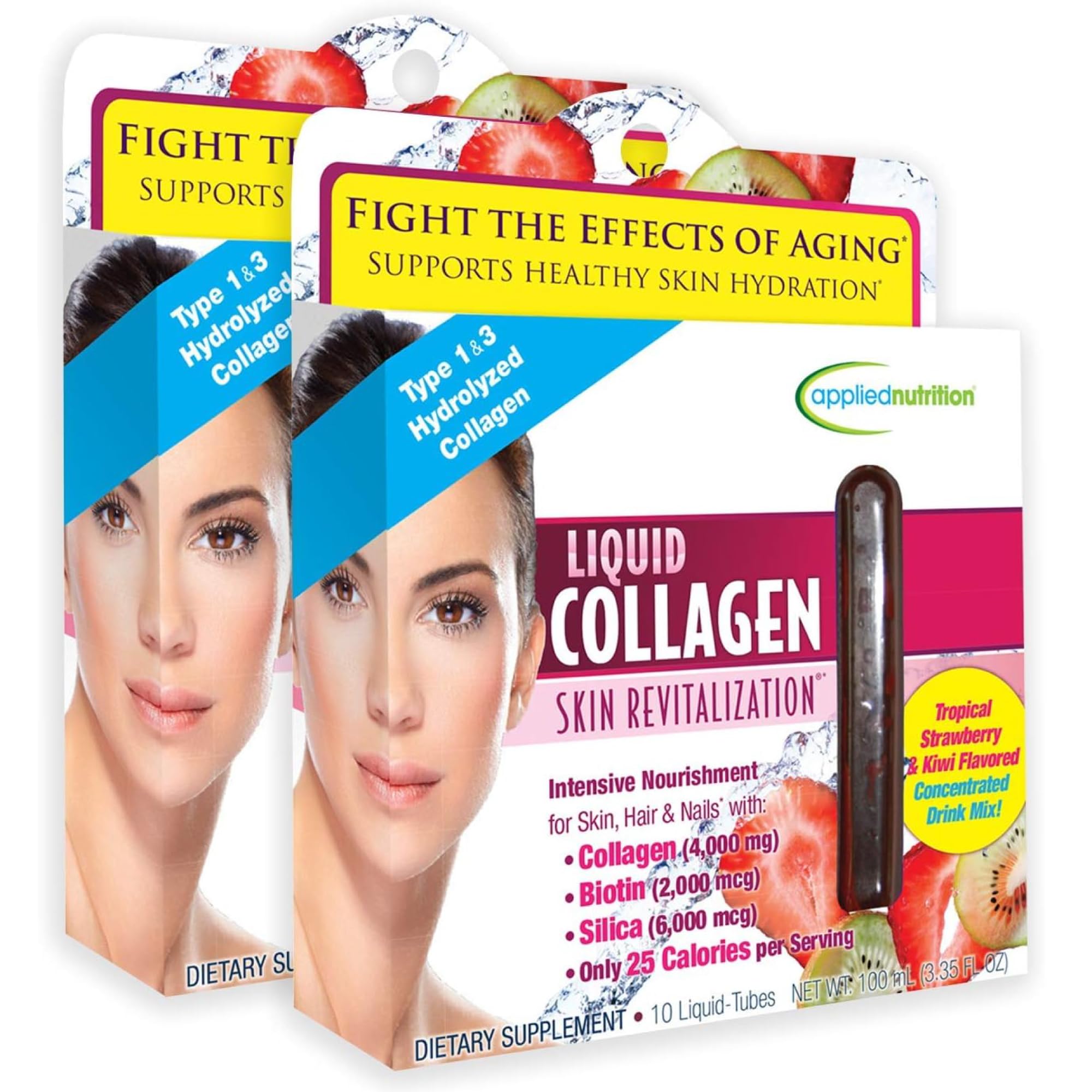 Bottle label for Applied Nutrition Liquid Collagen Skin Revitalization Tropical Strawberry Kiwi flavor