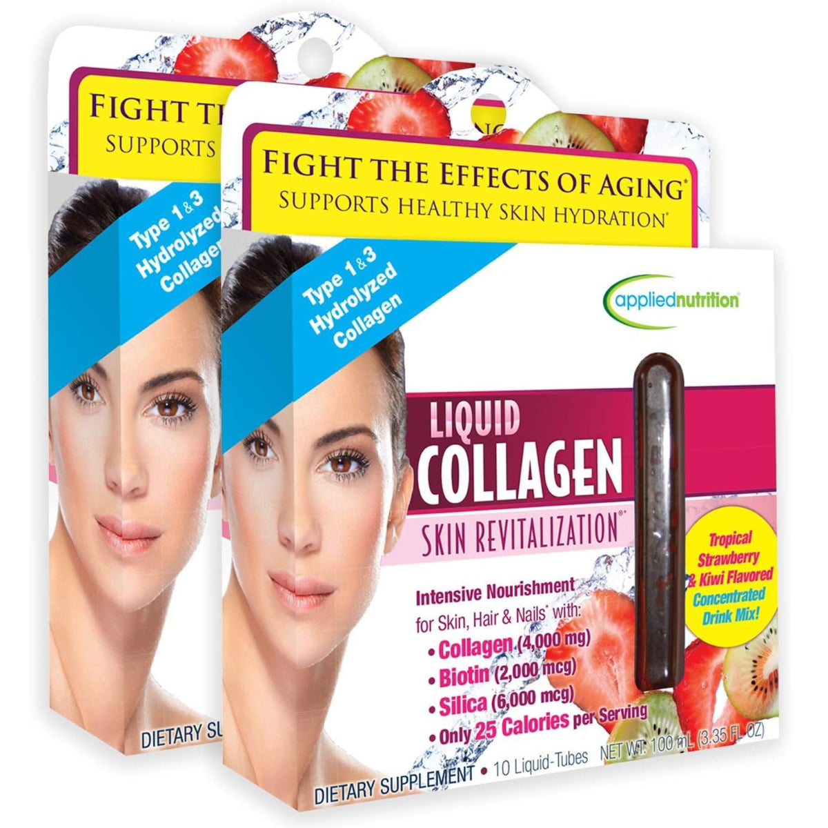 Bottle label for Applied Nutrition Liquid Collagen Skin Revitalization Tropical Strawberry Kiwi flavor