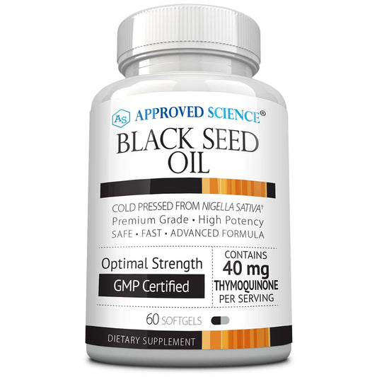 Front view of Approved Science Black Seed Oil bottle