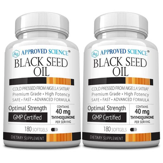 Front view of Approved Science Black Seed Oil 360 softgels bottle