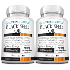 Front view of Approved Science Black Seed Oil 360 softgels bottle