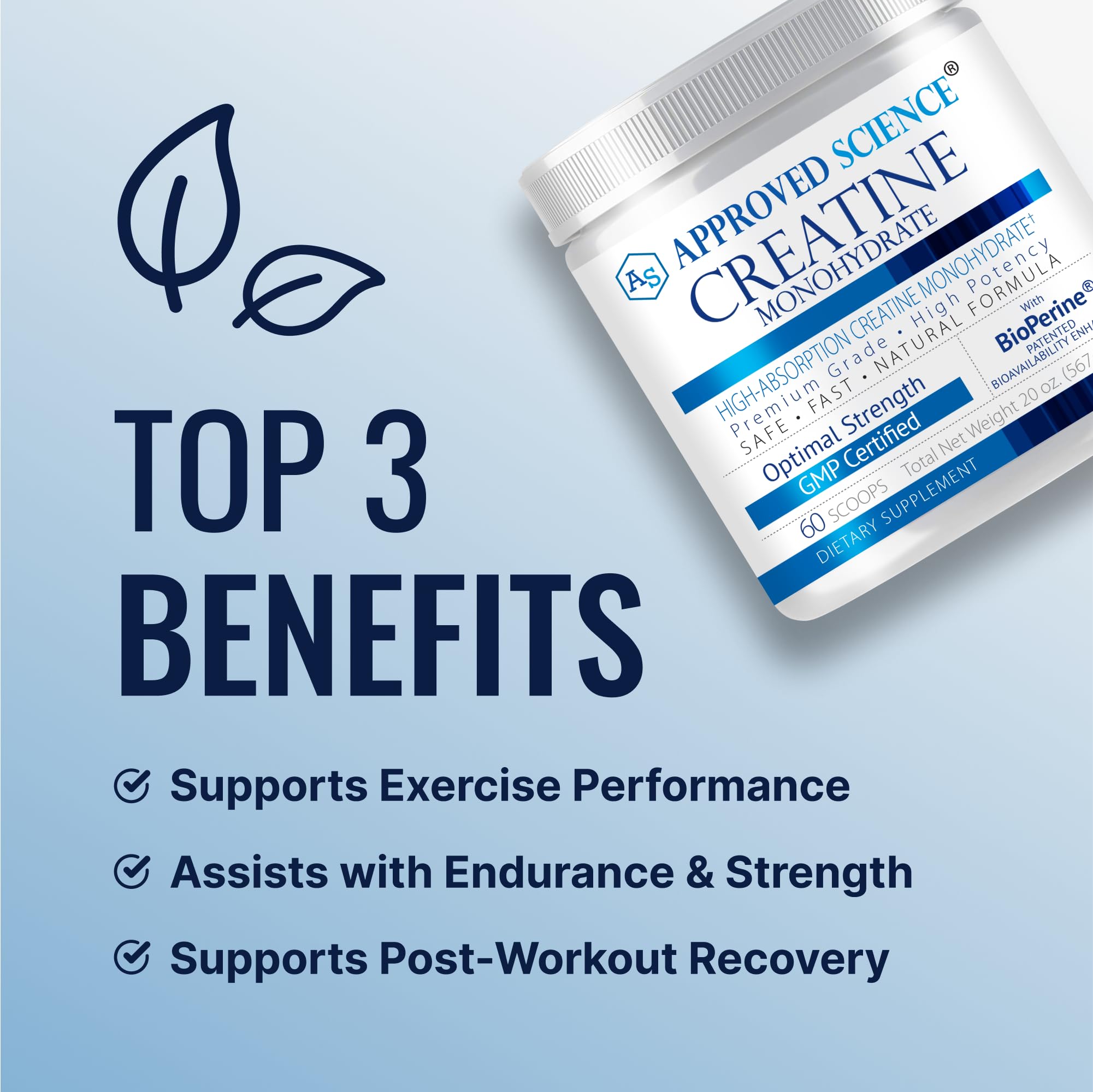 Approved Science Creatine Monohydrate powder label closeup highlighting BioPerine for absorption.
