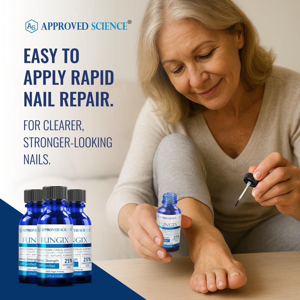 Approved Science Fungix label close-up highlighting soothing plant-based ingredients for nail care.