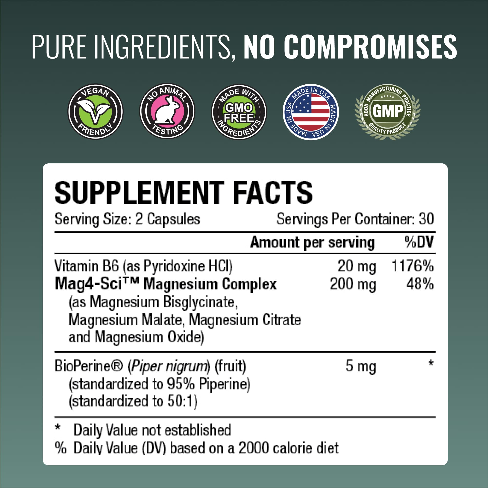 Label highlighting Vitamin B6 and BioPerine for absorption