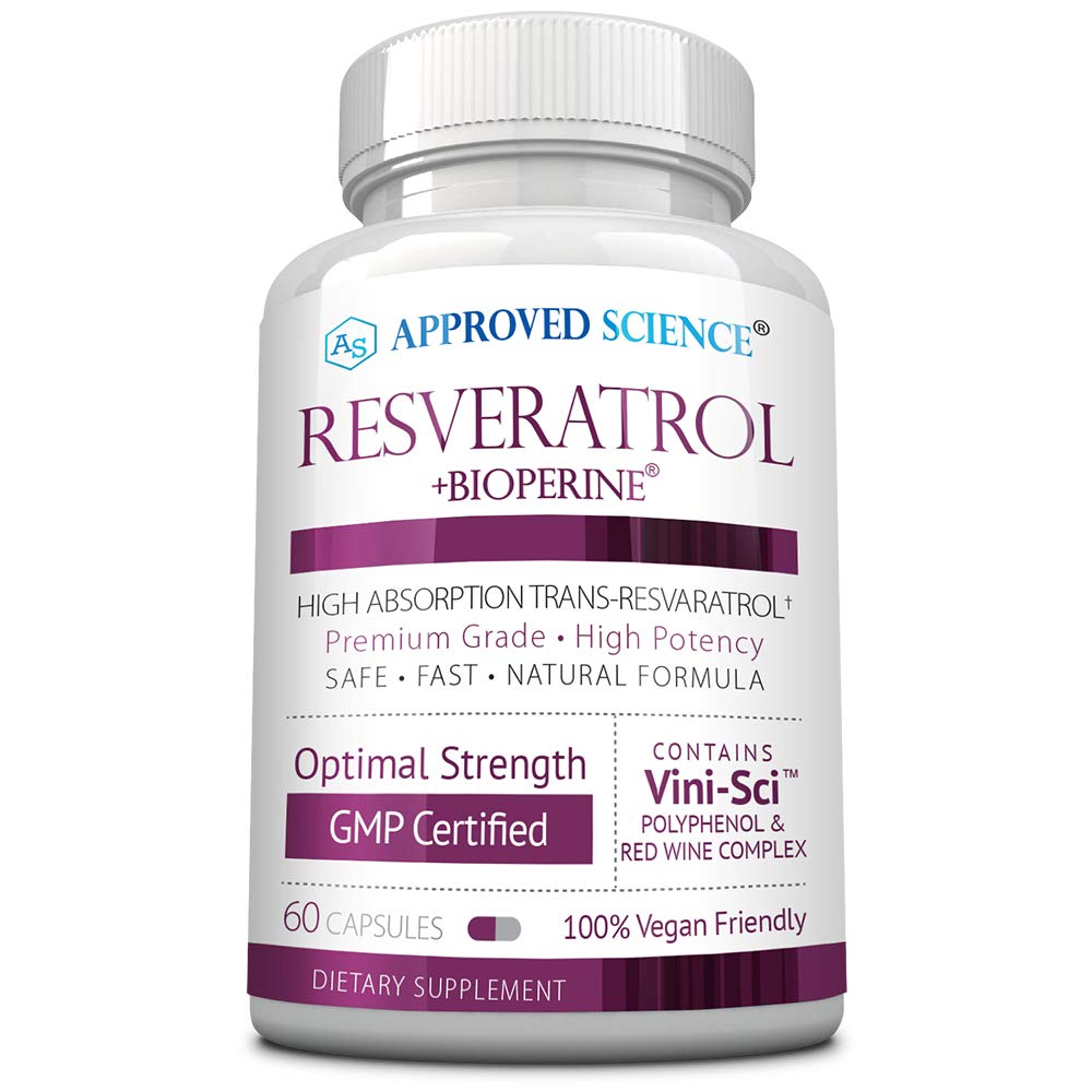 Front view of Approved Science Resveratrol bottle with 60 vegan capsules