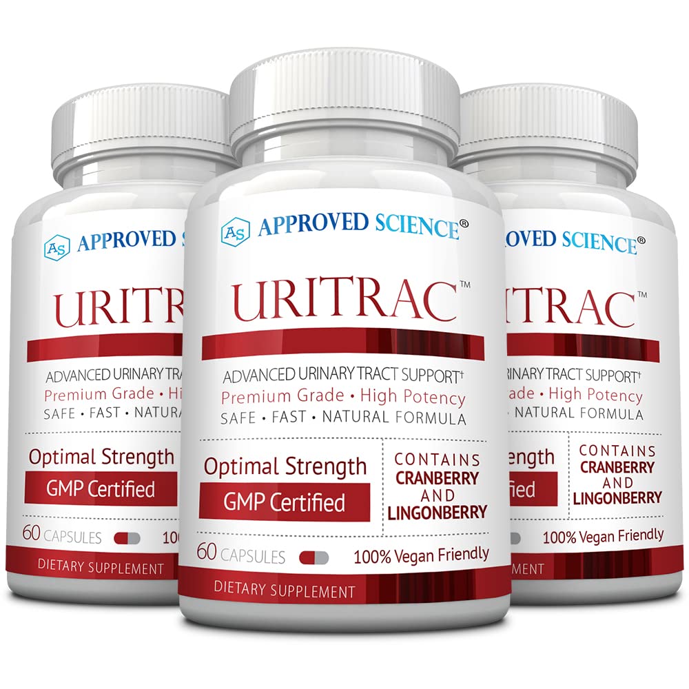 Front view of Approved Science Uritrac UTI Support bottle with Cranberry, D-Mannose, and Lingonberry.