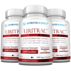 Front view of Approved Science Uritrac UTI Support bottle with Cranberry, D-Mannose, and Lingonberry.