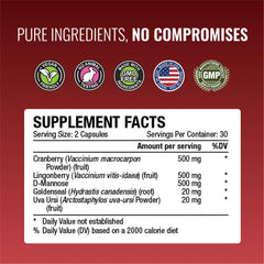 Close-up of vegan-friendly capsules inside the Uritrac UTI Support bottle.