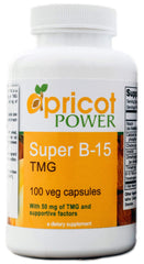 Apricot Power Super B-15 Pangamic Acid bottle with 100 vegan capsules on white background