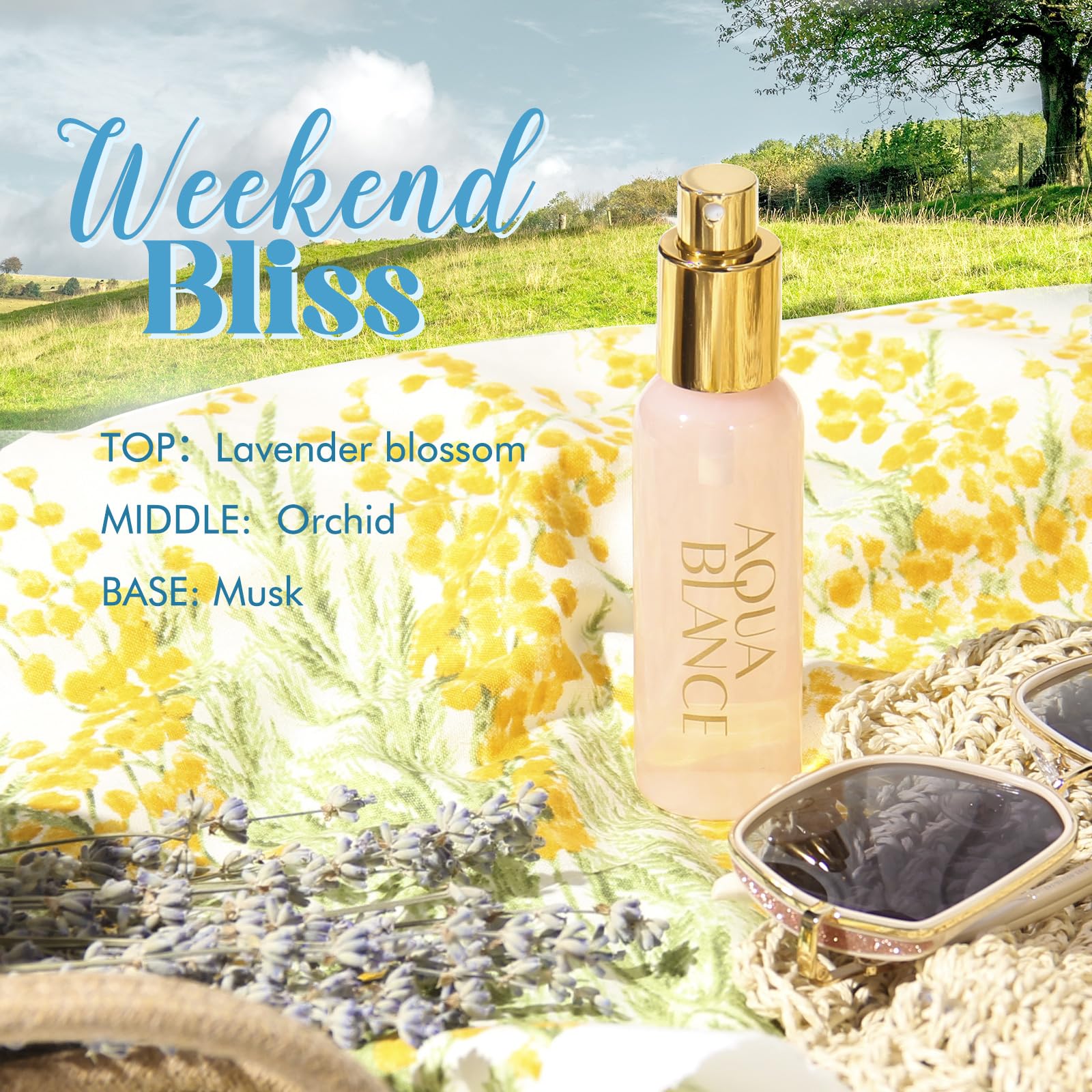 Aqua Blance Weekend Bliss bottle highlights lavender and orchid for serene fragrance.