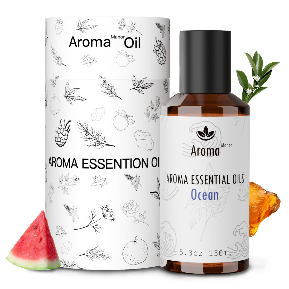 Bottle of Aroma Diffuser Oil Ocean with Neroli, Watermelon and Amber against blue ocean background