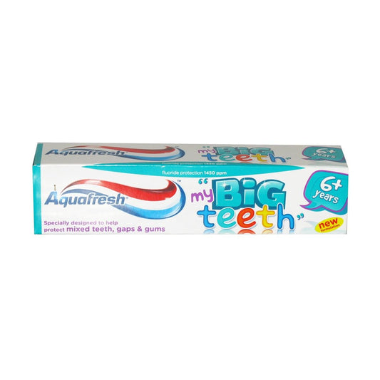 Aquafresh Big Kids 6+ Years Fresh Mint Fluoride Toothpaste packaging and tube