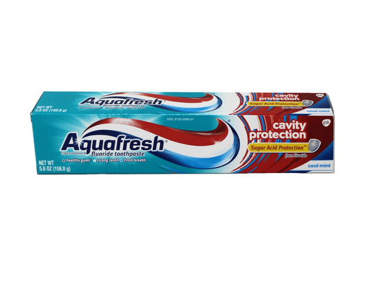 Closeup of Aquafresh Cavity Protection toothpaste Cool Mint label 5.6 oz