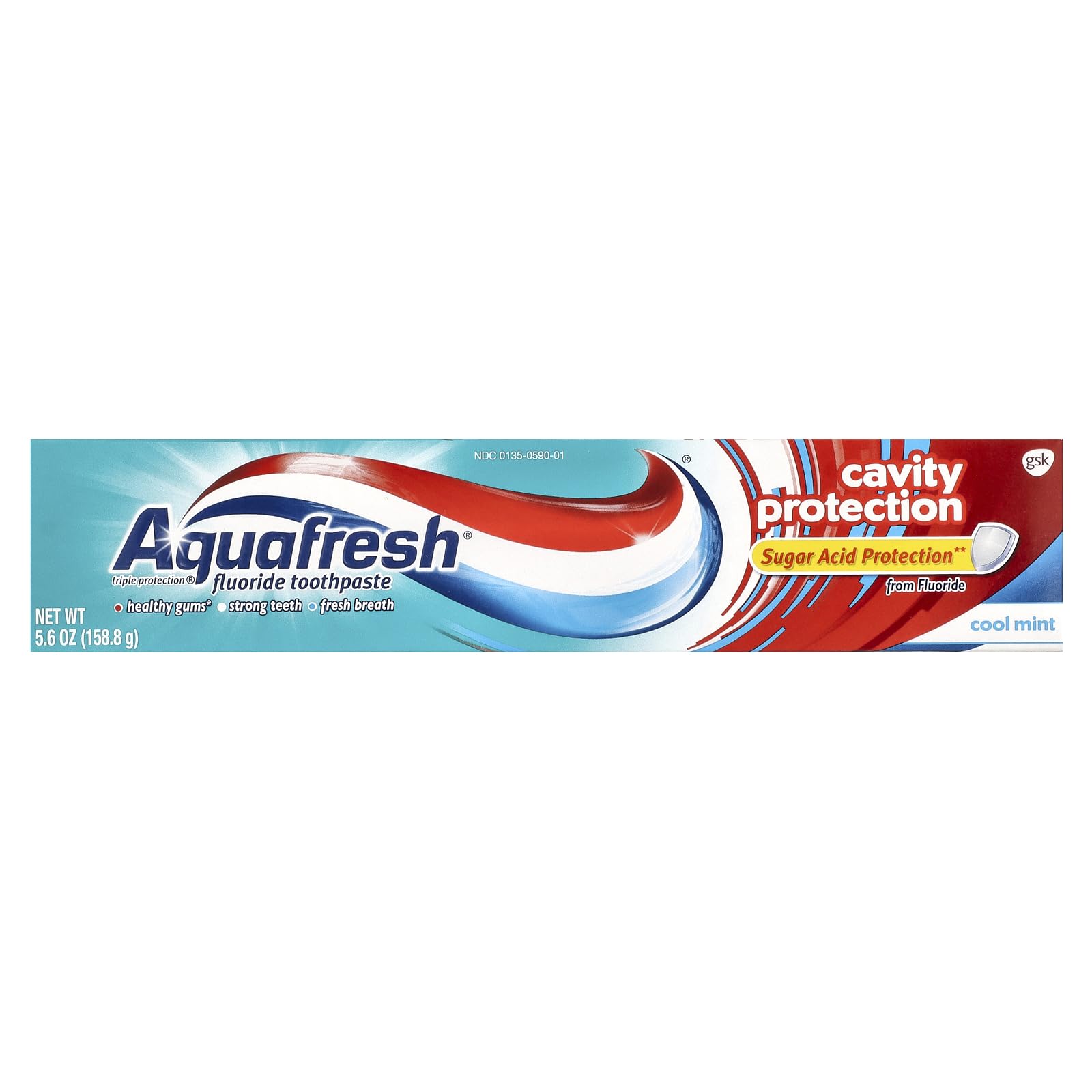 Close-up of Aquafresh toothpaste tube with mint paste