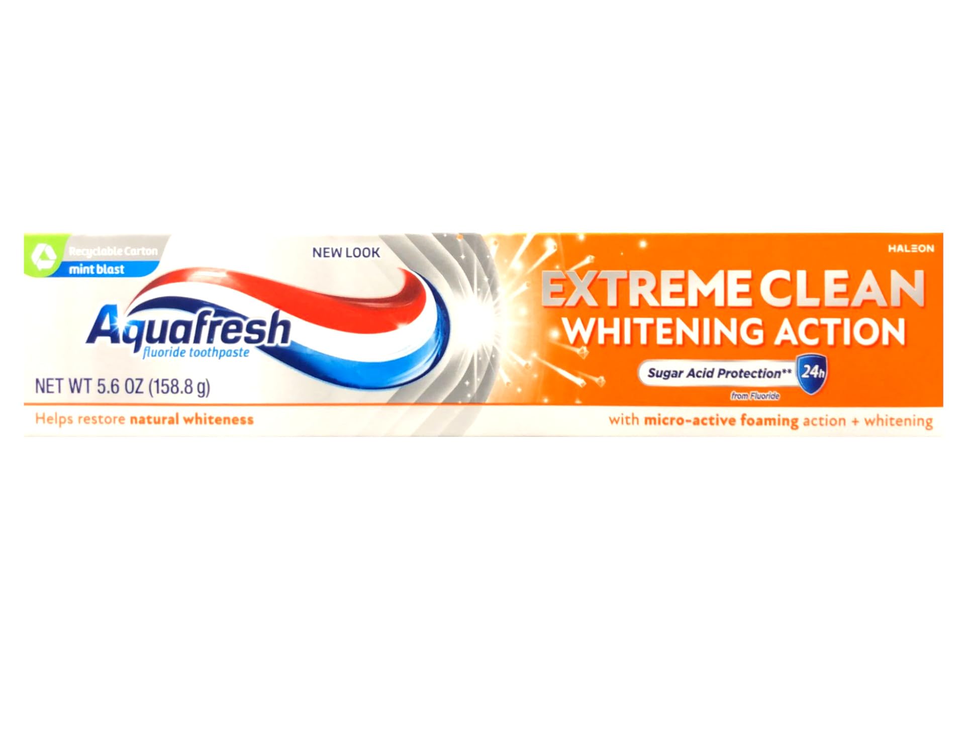 Close-up of Aquafresh toothpaste tubes showing mint blast flavor and 5.6 oz size