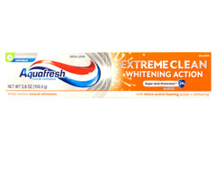 Close-up of Aquafresh toothpaste tubes showing mint blast flavor and 5.6 oz size