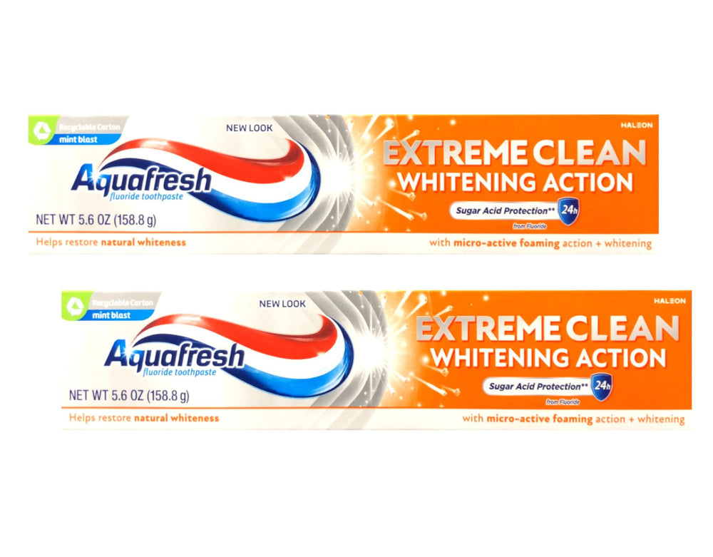 Product shot of Aquafresh Extreme Clean Whitening Action toothpaste in a retail setting